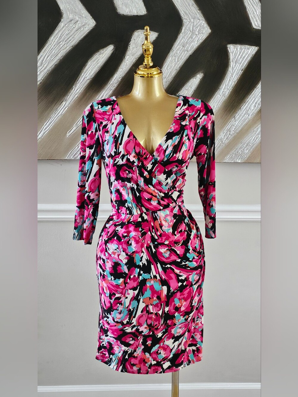 Evan Picone Pink Floral Ruched Faux Wrap Dress Size 10